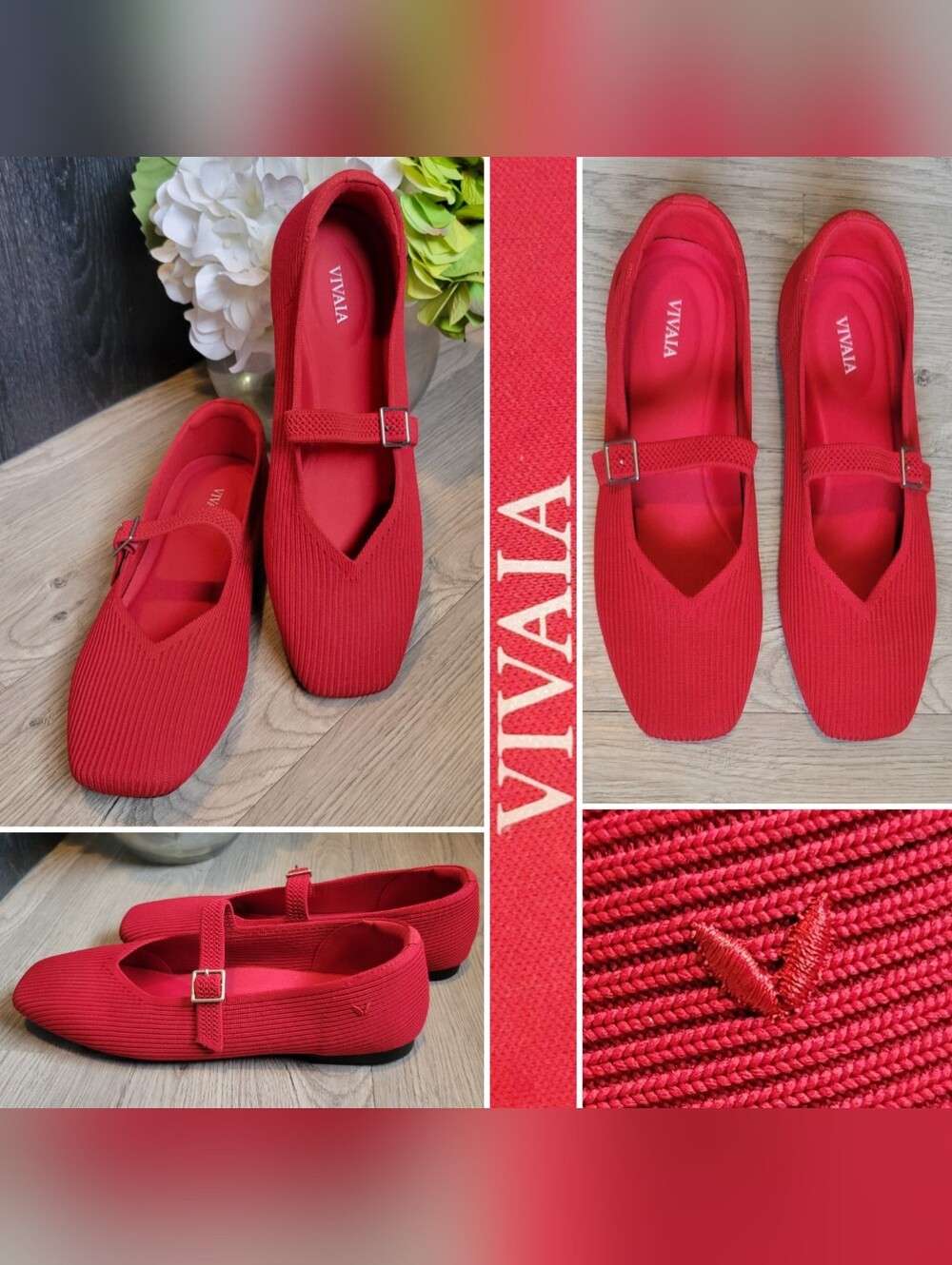 Vivaia Margot Mary Jane Buckle Square-Toe V-Cut Ruby Red Flats, US 9.5 EU 41